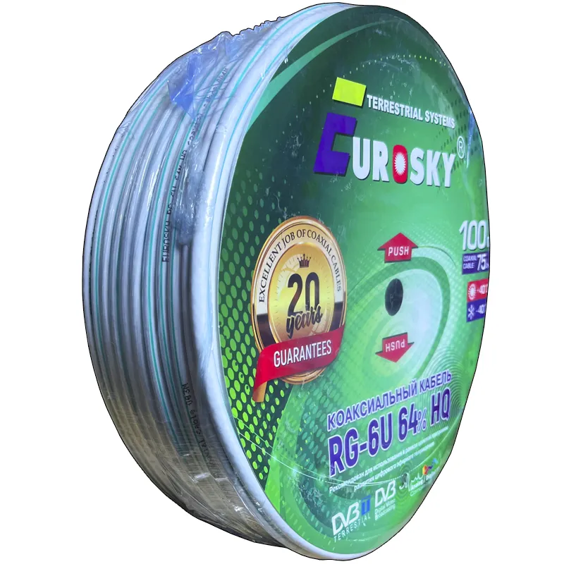 Кабель коаксиальный EUROSKY RG-6U, 75 Ом, CCS/Al/Al, 64%, бухта 100 м. ,белый с полосой.